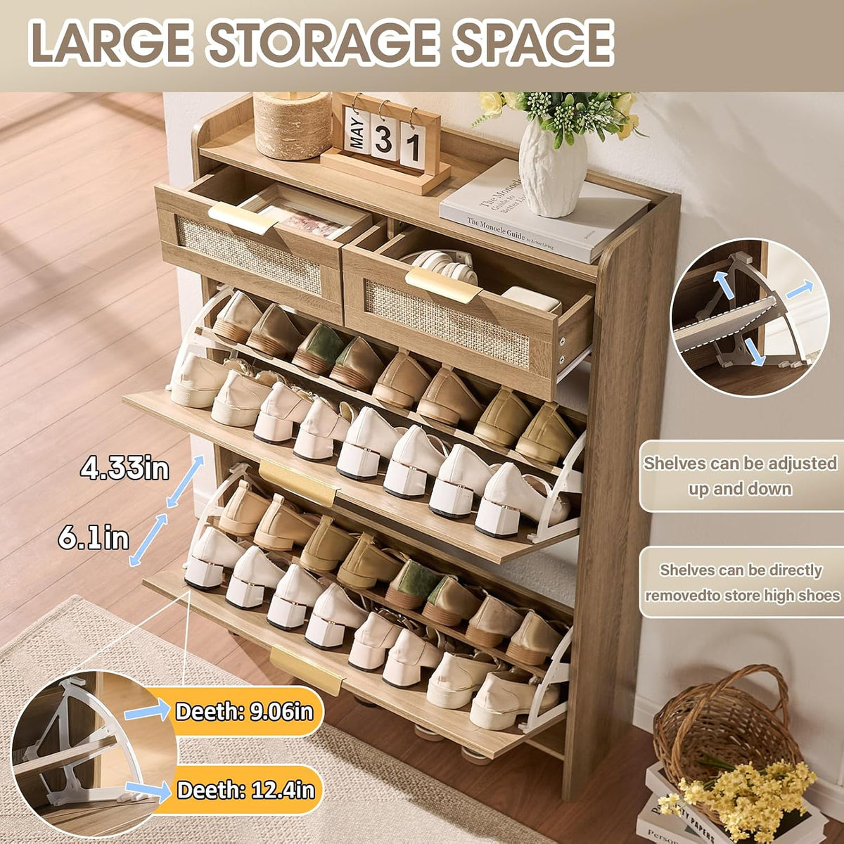 Rattan Shoe Storage Cabinet with 2 Flip Drawers & 2 Drawers, Freestanding...