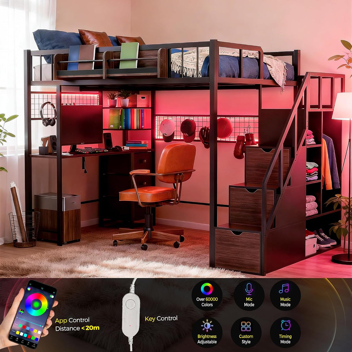 Kikihouse Loft Bed with Desk and Stairs, Headboard, Outlet (Black, Full)