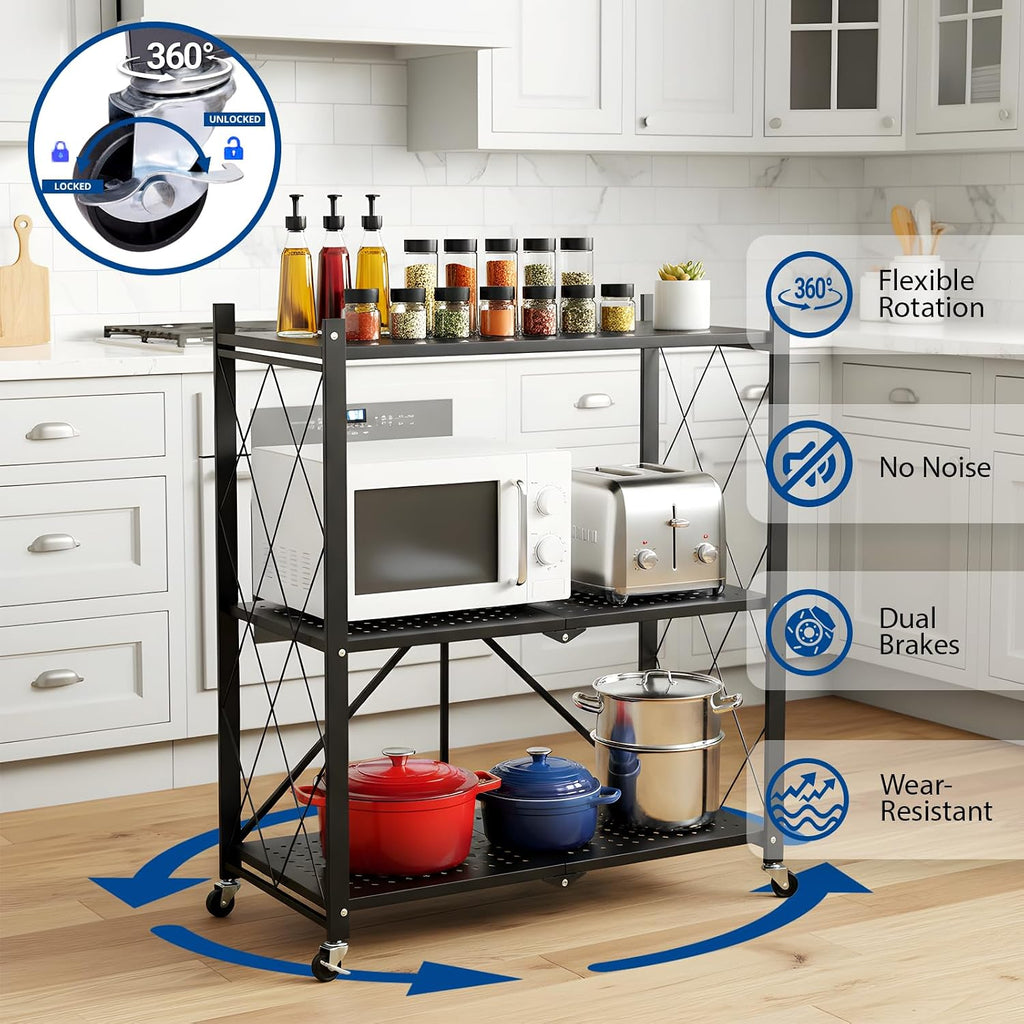 3 tier foldable storage shelves with wheels, metal showing dimensions