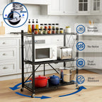3 tier foldable storage shelves with wheels, metal showing dimensions