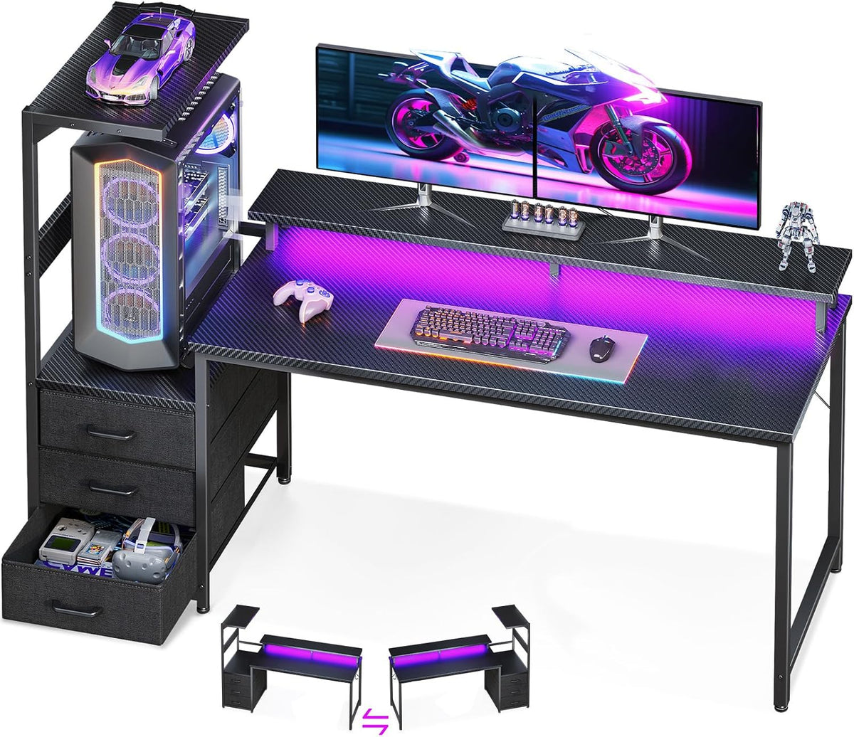 AODK Gaming Desk w/PC Showcase Stand, 59" Reversible, RGB LED