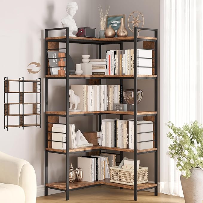 5 Tier Corner Bookshelf, Reversible Corner Shelf, Industrial Wooden Display by vividwood