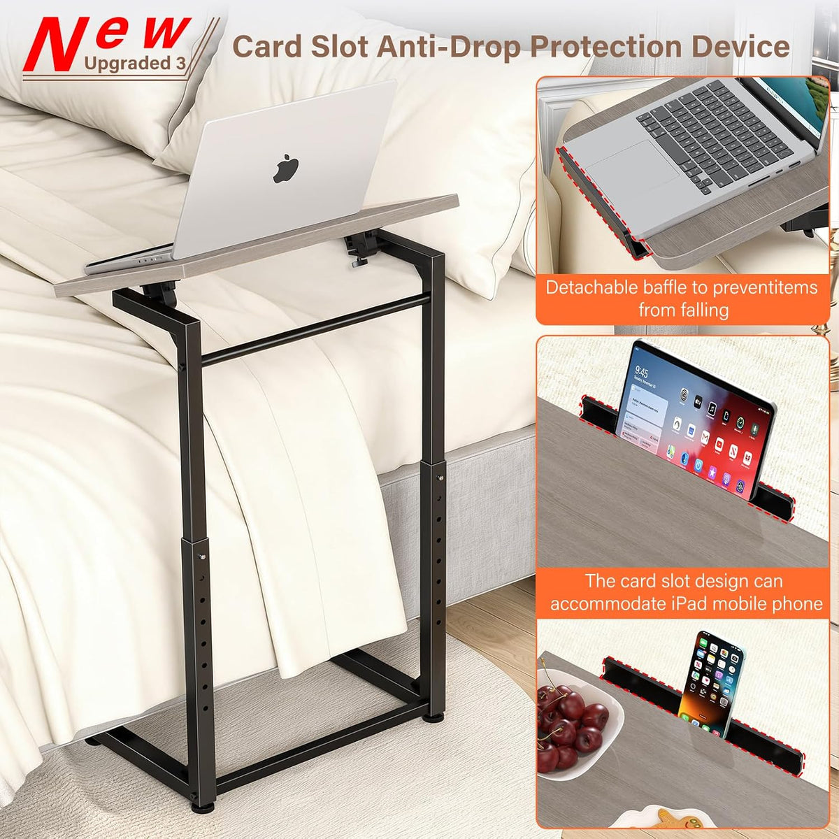 Tv Tray Table Set of 2, 8-Level Adjustable Height Couch Side Table，90° Tilt A...