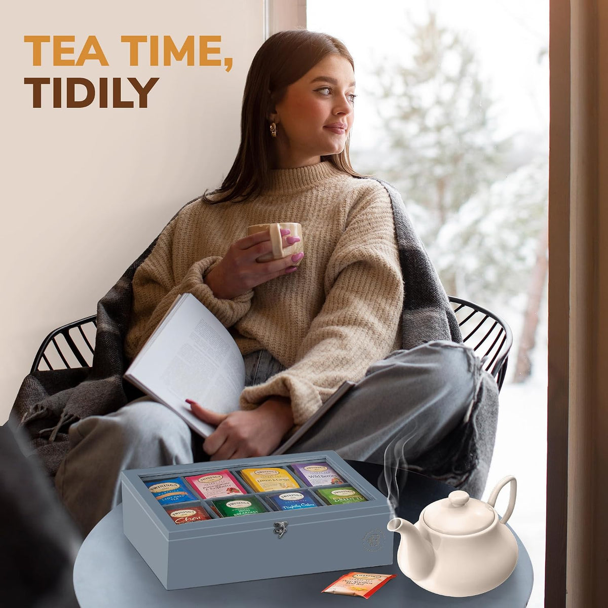 Tea Bag Organizer with Drawer - Gray Bamboo Tea Box Organizer, 8-Compartment ...