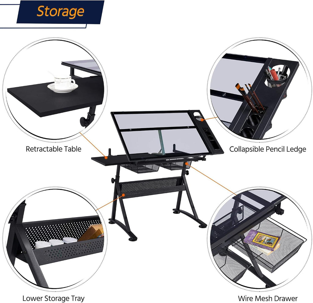 Yaheetech Adjustable Drafting Table & Stool, Tilting Glass Art Desk, Black | Tempered glass top tilts 0-40 degrees for drawing or tracing on a sturdy iron frame, with 2 mesh drawers for craft supplies.
