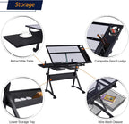 Yaheetech Adjustable Drafting Table & Stool, Tilting Glass Art Desk, Black | Tempered glass top tilts 0-40 degrees for drawing or tracing on a sturdy iron frame, with 2 mesh drawers for craft supplies.