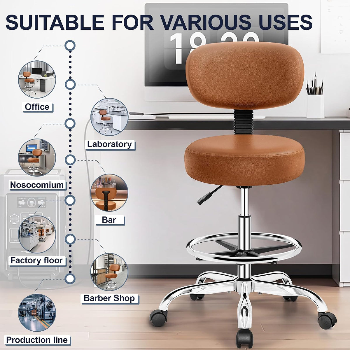 Brick Attic Drafting Chair with Backrest – Adjustable Foot Rest Rolling Stool...