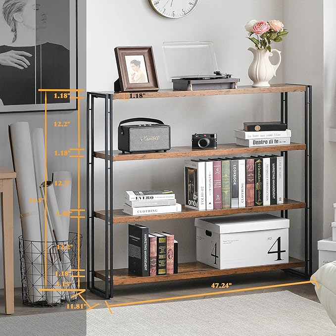 HCHQHS Bookshelf, 4-Tier Industrial Bookcase, Rustic Wood and Metal Open - Image 3