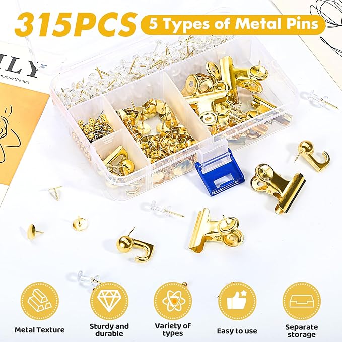 GOOLADA 315Pcs 5 Style Gold Push Pins, Decorative Push Pins, Cute Pushpin Clip - Image 3
