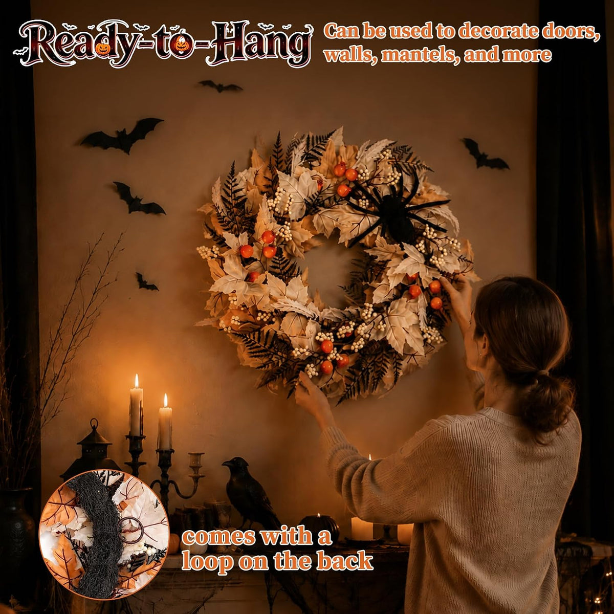 Grooy 22 Inch Halloween Wreath for Front Door with Spider Maple Leaf