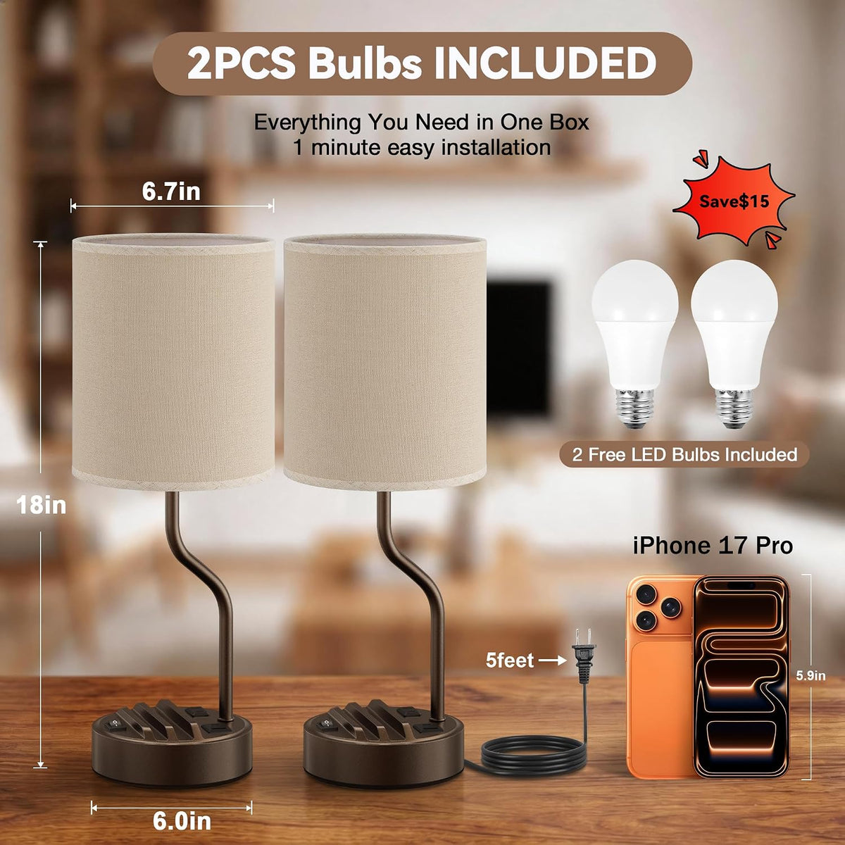 Fenmzee Bedside Lamps for Bedroom Set - 18" Beige Table Lamp for Nightstand