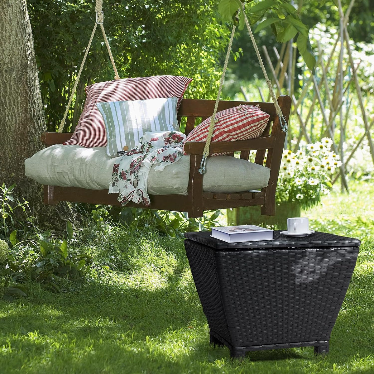 VINGLI 13 Gallon Outdoor Deck Box, Wicker Outdoor Storage Box with Lid, Small...