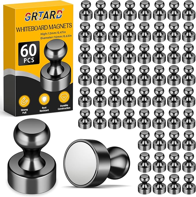Grtard 60 Pack Magnetic Push Pins, Fridge Magnets by Grtard