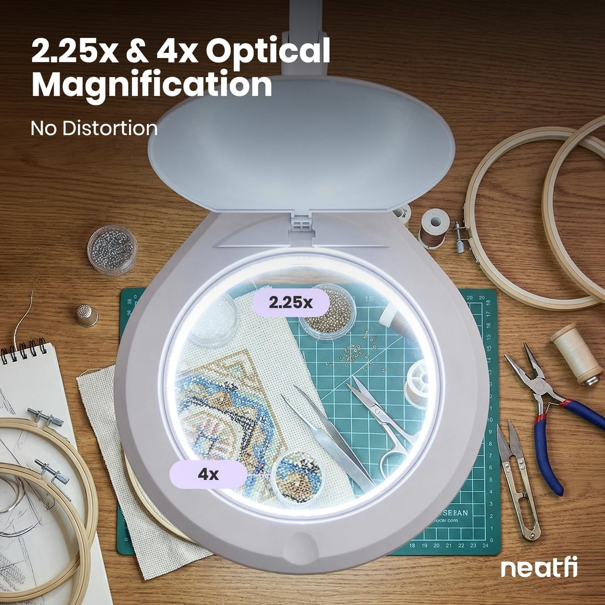 Neatfi Elite LED Magnifying Lamp, 6-Inch 2.25X/4X Lens, Clamp (White)