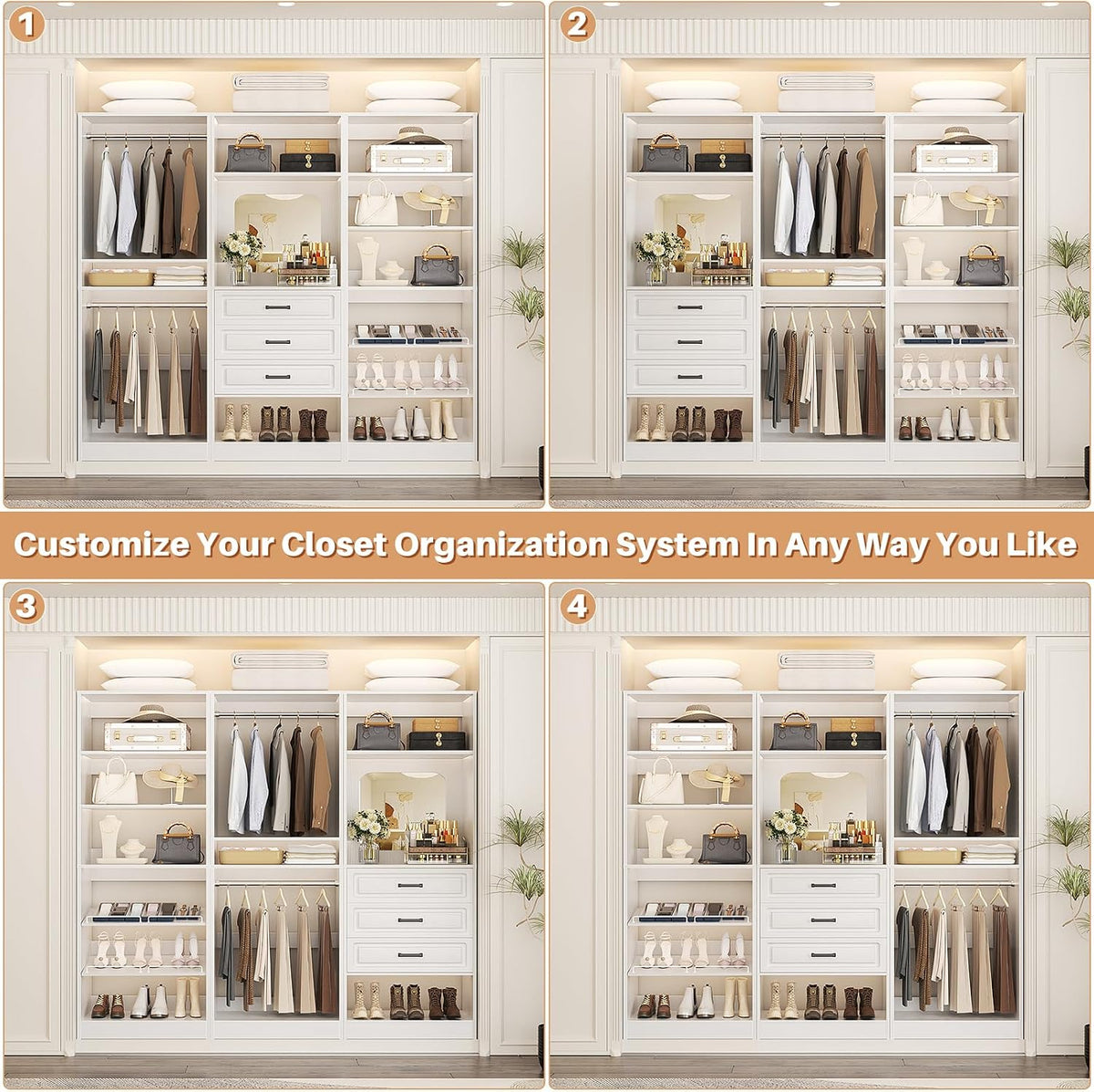Unikito 75" Modular Closet System with 3 Sets, Mirror & Drawers, White