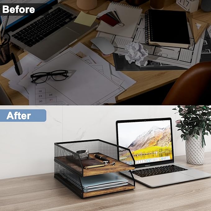 Natwind 2-Tier Stackable Paper Tray, Metal Mesh Desktop Organizer, Wood Board - Image 7