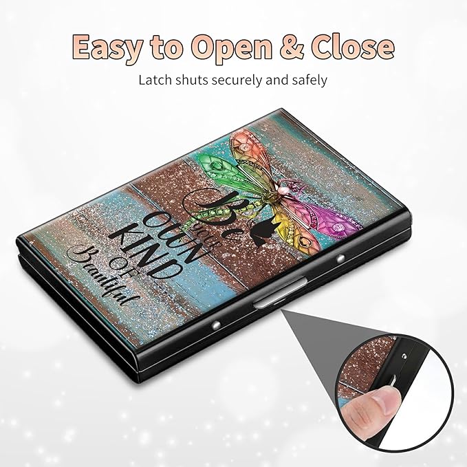 BWEGRHE Slim Credit Card Holder, Dragonfly Glitter Wood RFID Blocking Metal - Image 6