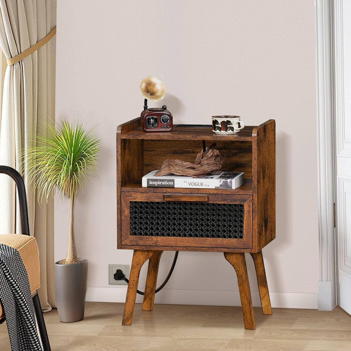 Lerliuo Rattan Nightstand with Charging Station, Side Table with Drawer