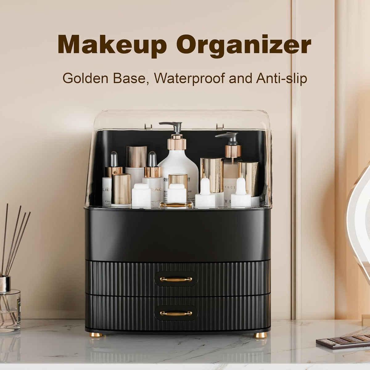 Makeup Organizer Countertop Vanity with Transparent Lid Drawers Waterproof Du...