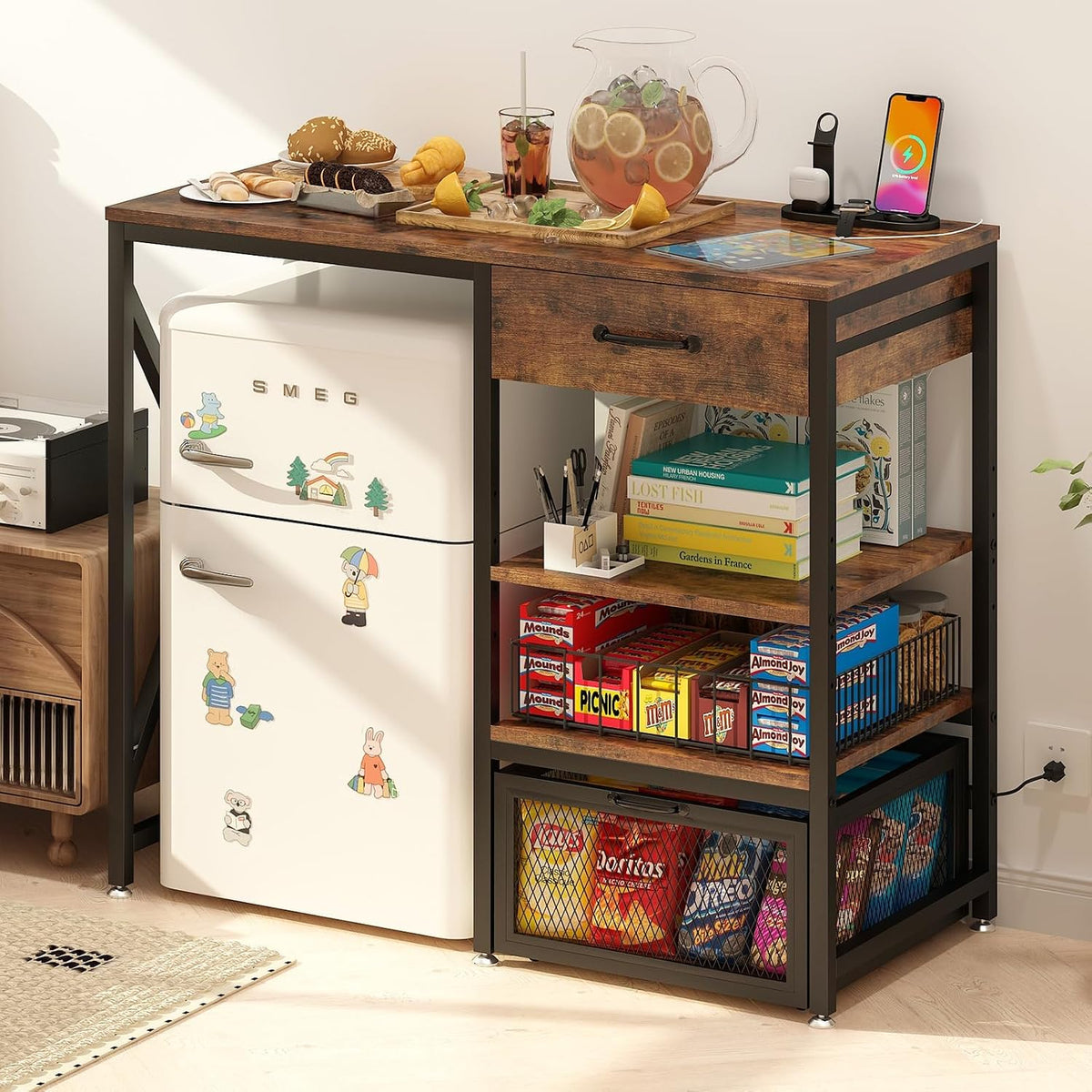 Mini Fridge Cabinet with Power Outlet and Adjustable Shelves,Rustic Brown