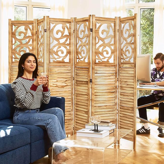 Room Divider Wood Carved Wall Divider Indoor Folding Portable Partition Screen - Image 5