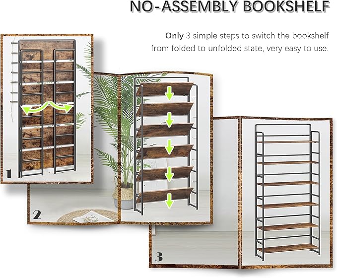 4NM No Assembly Extra Wide 6 Tiers Folding Bookshelf Storage Shelves Vintage - Image 6