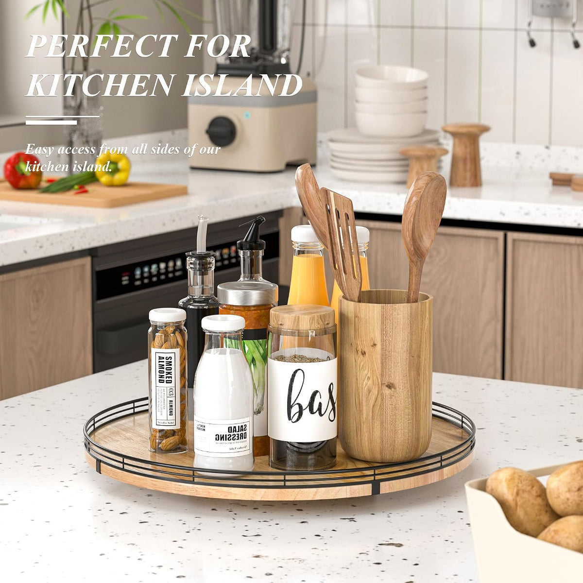 AMH 18-Inch Extra Large Farmhouse Oak Lazy Susan Organizer