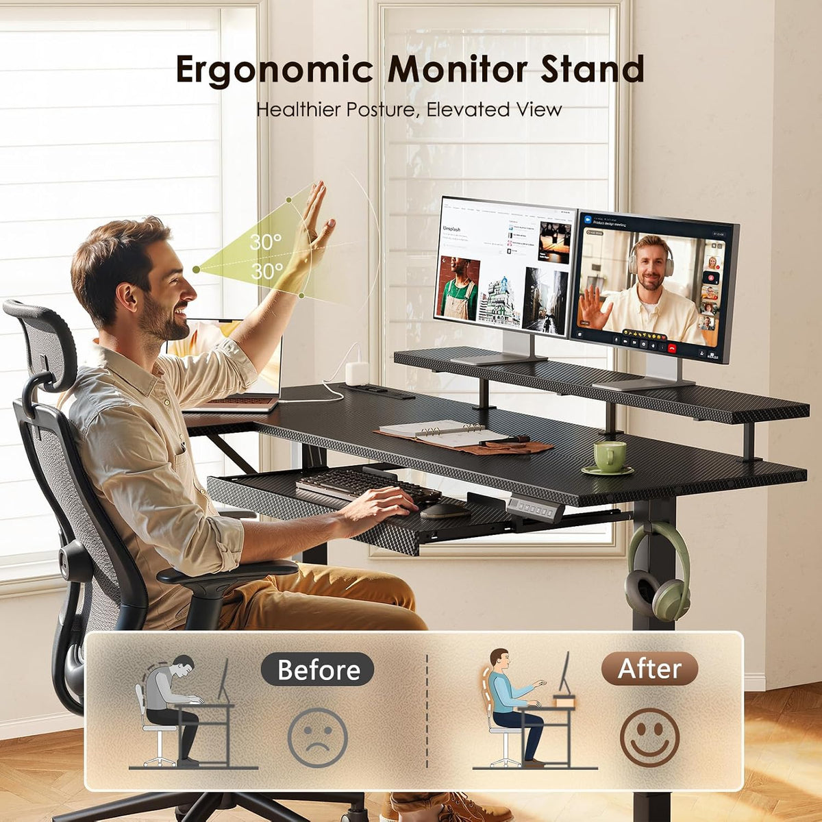 OffiGo 55" Reversible L Shaped Electric Standing Desk, Carbon Fiber Black