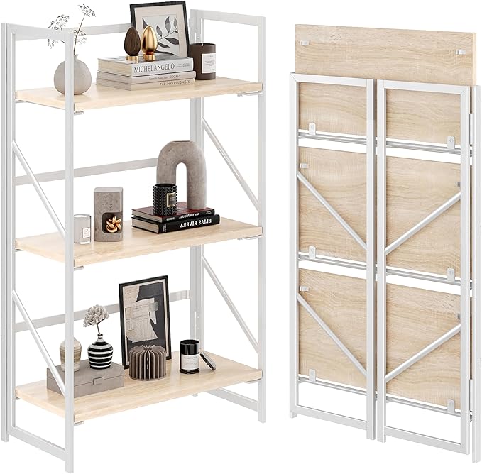 JSB No Assembly Folding Bookshelf, 3 Tier Industrial Metal Book Shelf by HomeFurniture