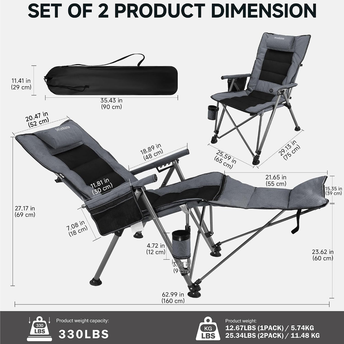 2 Pack Reclining Camping Chairs with Footrest and Pillow, 5 Position Adjustab...