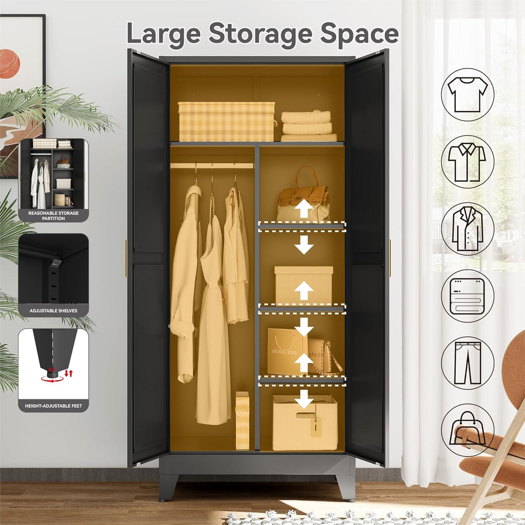 bevivog 71" metal storage cabinet, tall utility closet showing dimensions