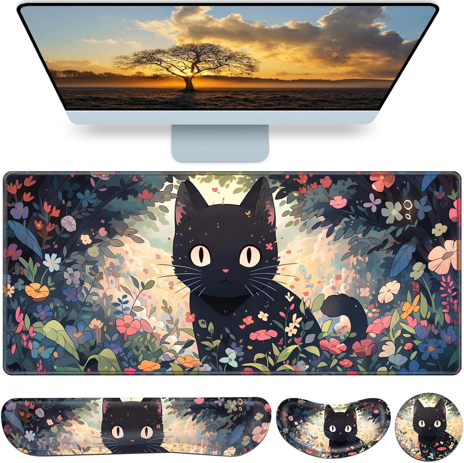 4-in-1 Mouse Pad Anime, Mouse Pad with Wrist Rest, | XXL Large Desk Mat Kawaii Mousepad with Gel Wrist Support Keyboard Wrists Rest Coaster, Ergonomic Gaming Cat Desk Pad
