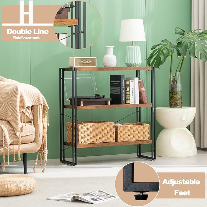 HCHQHS Bookshelf, 3-Tier Industrial Bookcase, Rustic Open Book Shelf, - Image 6