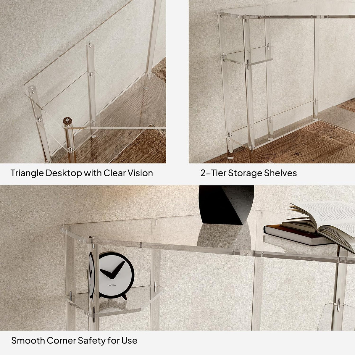 Eglaf Acrylic Triangle Corner Desk, 90-Degrees, Clear Desk with Storage