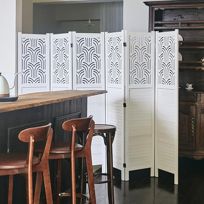 Svimi Folding Room Divider, 66.9 Inch 6 Panels Wood Carved Privacy Screens - Image 3
