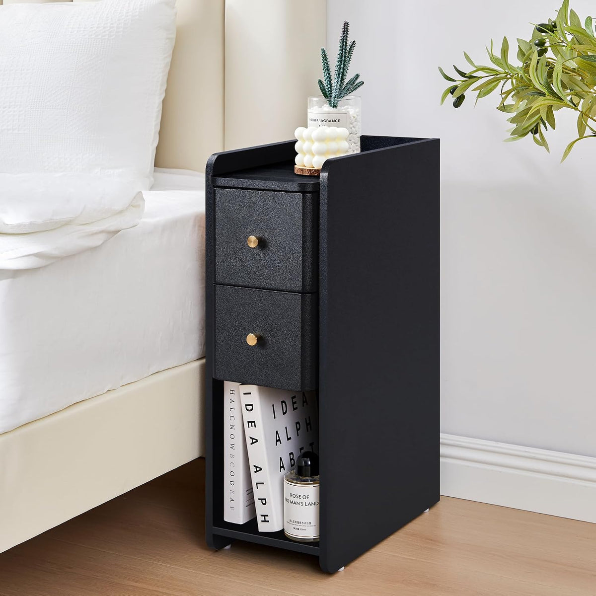 FurSch Narrow Nightstand, Wooden 2 Drawer, Slim Side End Table, Black, 1 pc