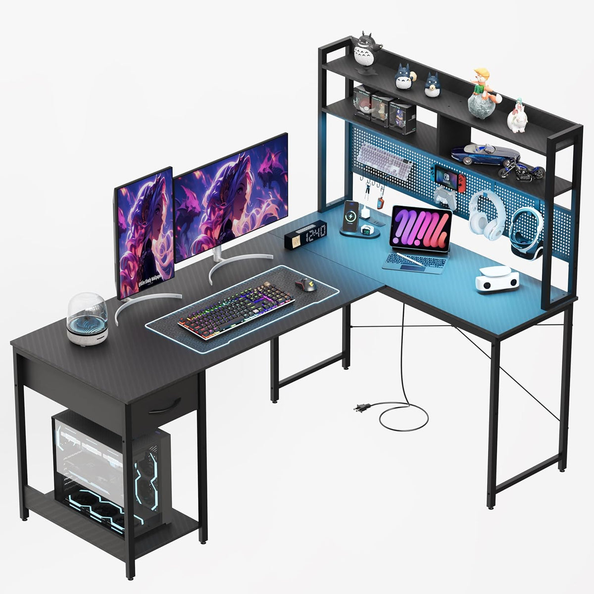 Apicizon L Shaped Gaming Desk 53" with Hutch, LED Light and Drawer
