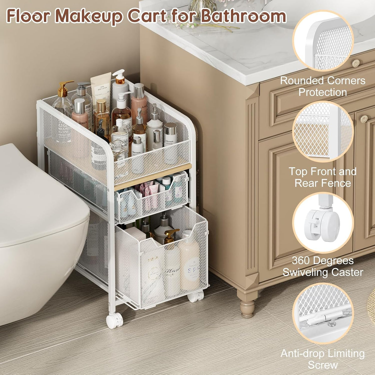 Hongtamoya Rolling Makeup Cart Organizer with 2 Drawers, Under Desk Storage