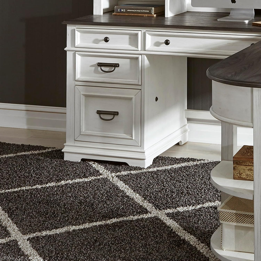 Liberty Furniture Allyson Park Opt L Shaped Desk Set with Locking File Drawer Cottage Home Office Storage - Wirebrushed White, Charcoal Tops Oak Wood