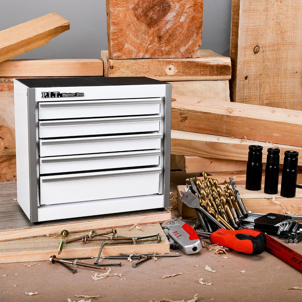 P.I.T. Mini Tool Box,Small Metal Toolbox Organizer with 5 Drawers,White