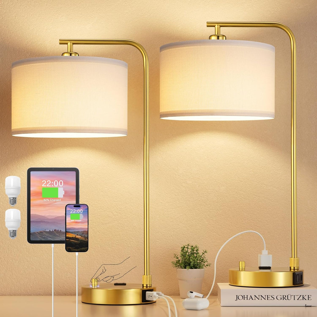 gold bedside lamps set of 2, fully dimmable, main product view