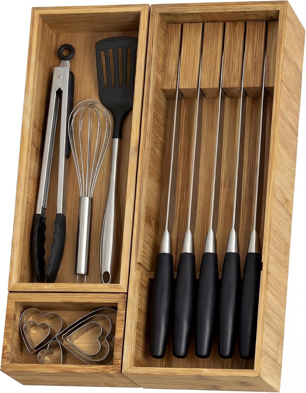 KOCWELL Bamboo Drawer Organizer with Knife Block, 3 Removable Silverware Draw...