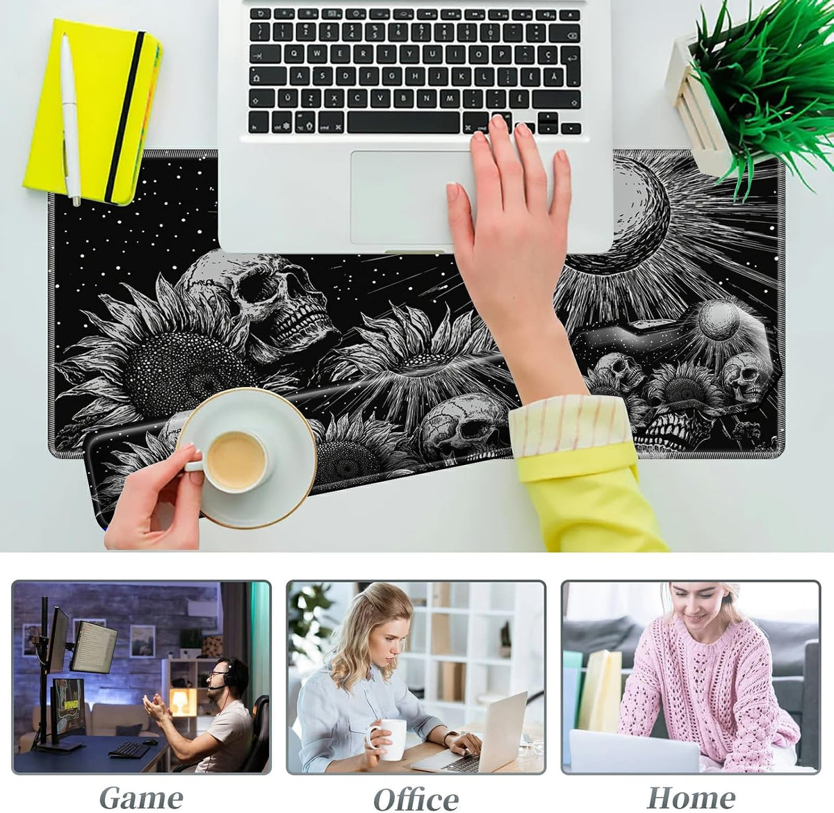 3Pcs Mouse Pad Set, Gothic Skull Sunflowers Large Gaming Mouse Pad with Stitc...