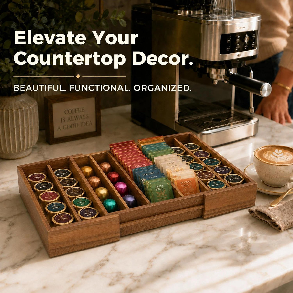 MinBoo Expandable Acacia Wood Coffee Pod Drawer Organizer
