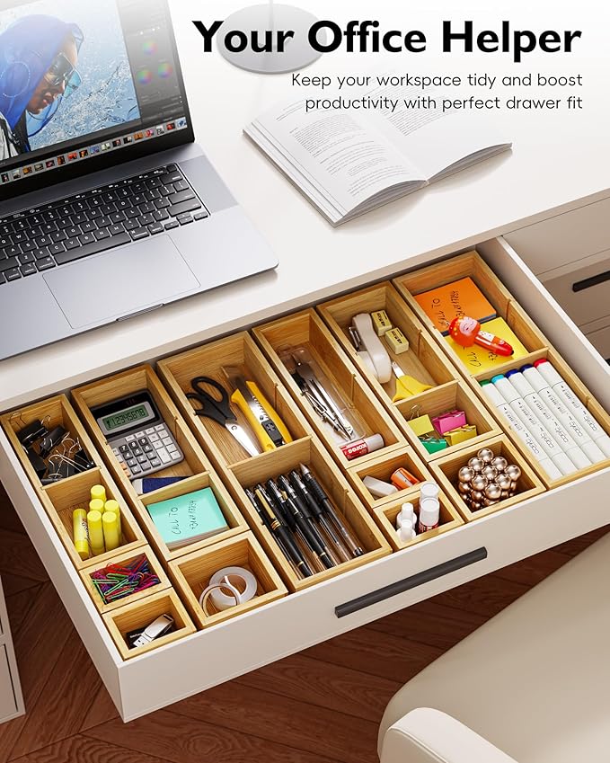 VA1KENE 12-Piece Bamboo Desk Drawer Organizer Set – Adjustable Storage Boxes - Image 4