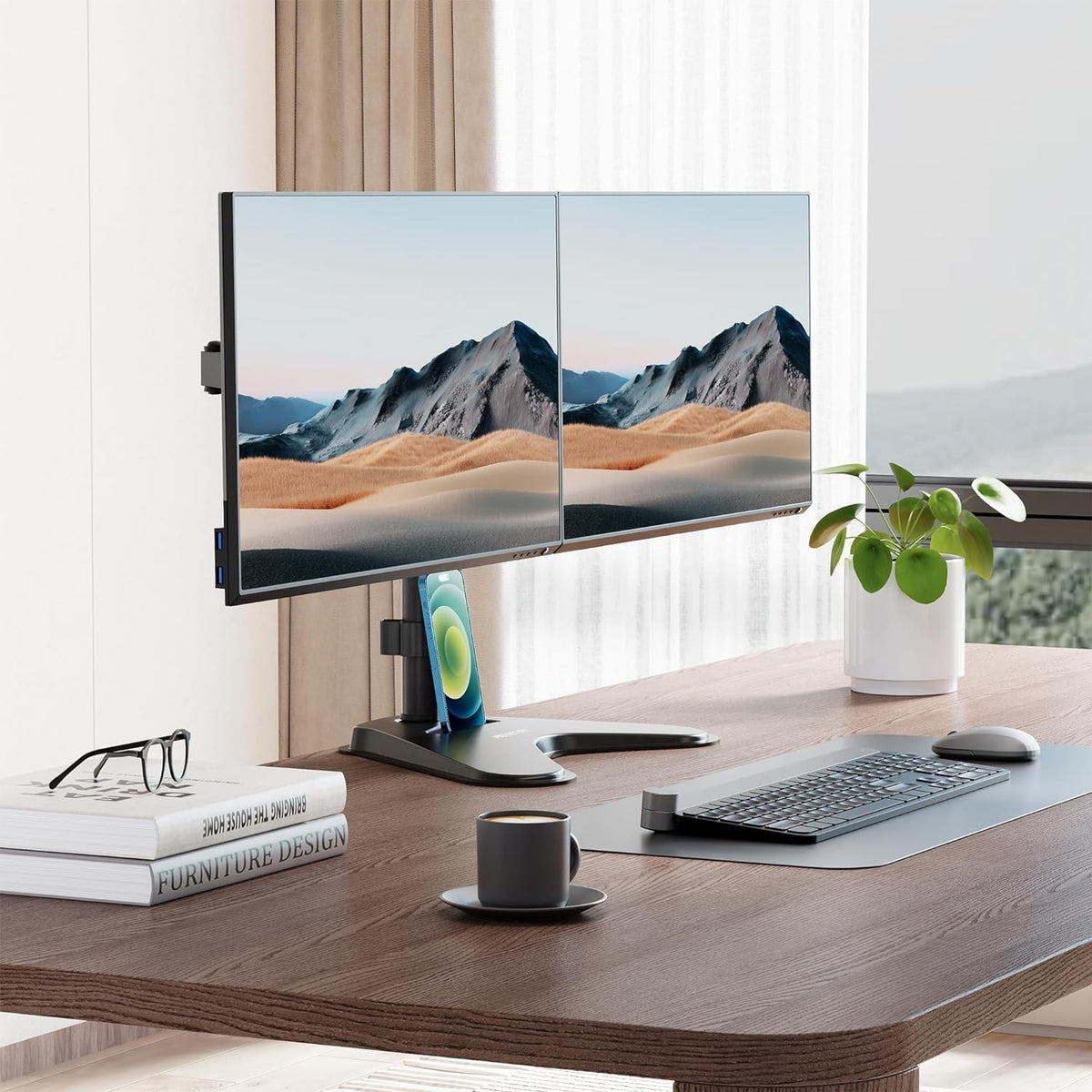 mount-it! dual monitor desk stand mount for 2, close-up detail