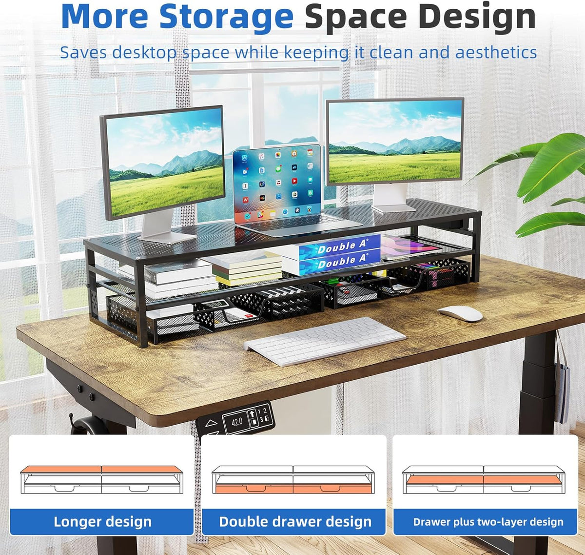 simple trending 2-tier metal dual monitor stand with, side view