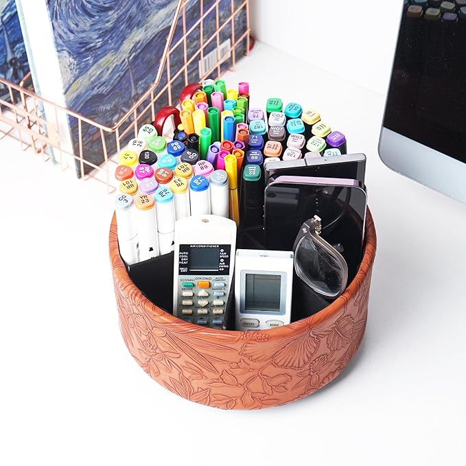 Hennaja Remote Control Holder, 360°Spinning PU Leather Desk TV Remote Caddy - Image 6
