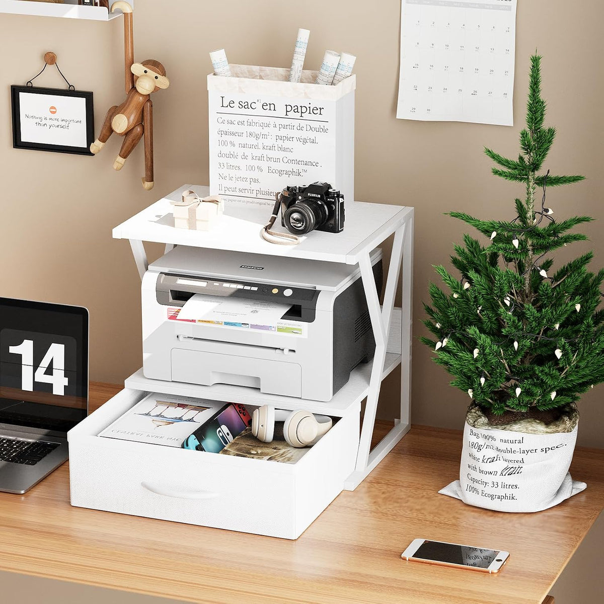 aboxoo Printer Stand for Desk with Storage Drawer, 2 Tier Desktop Or UnderDes...