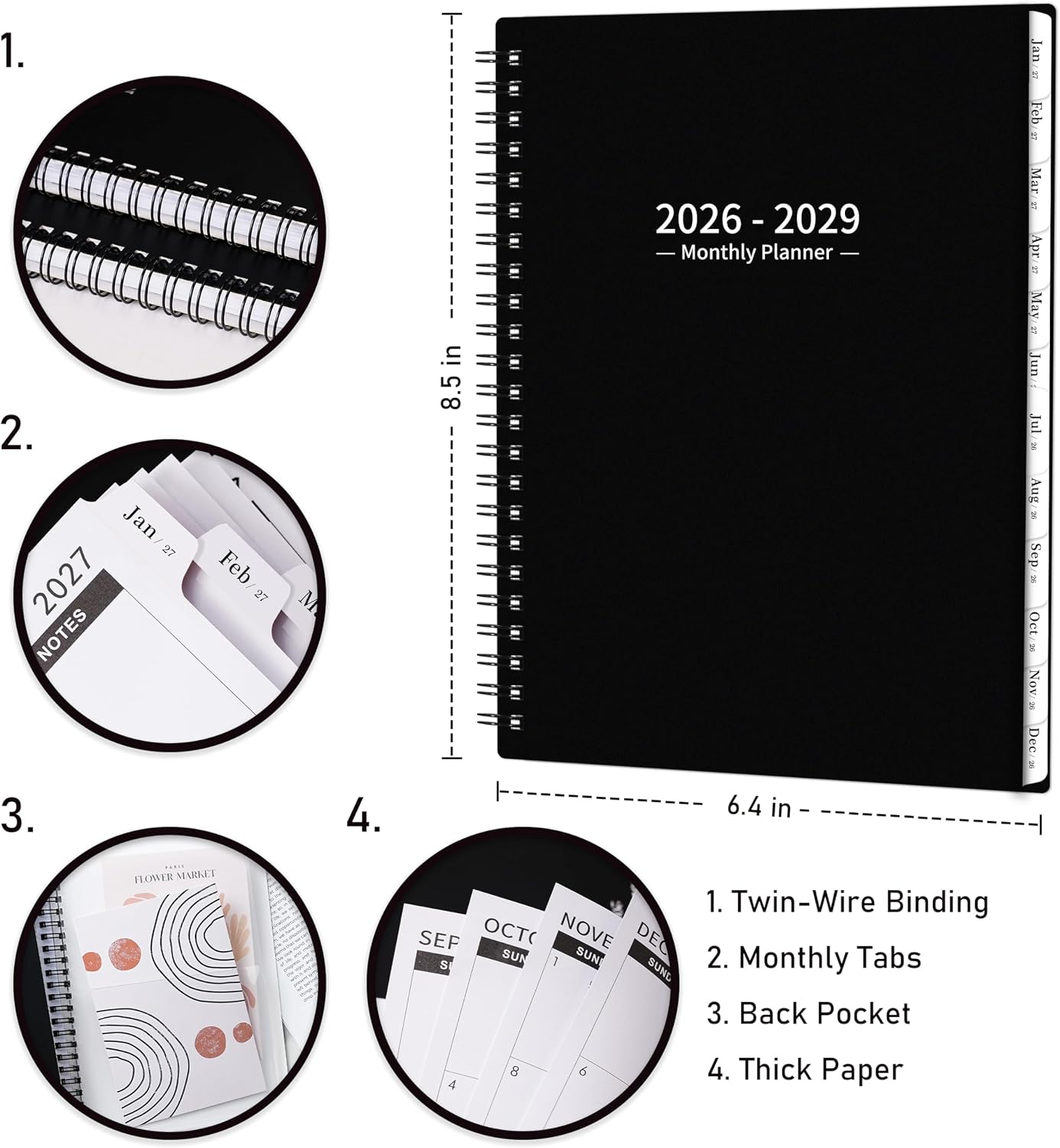 2026-2029 Monthly Planner/Calendar - 3 Year Monthly Planner 2026-2029, July 2026 - June 2029, 6.4" x 8.5", 36 Months Planner with Tabs, 30 Notes Pages, Double-Side Pocket, Holidays, Julian Dates